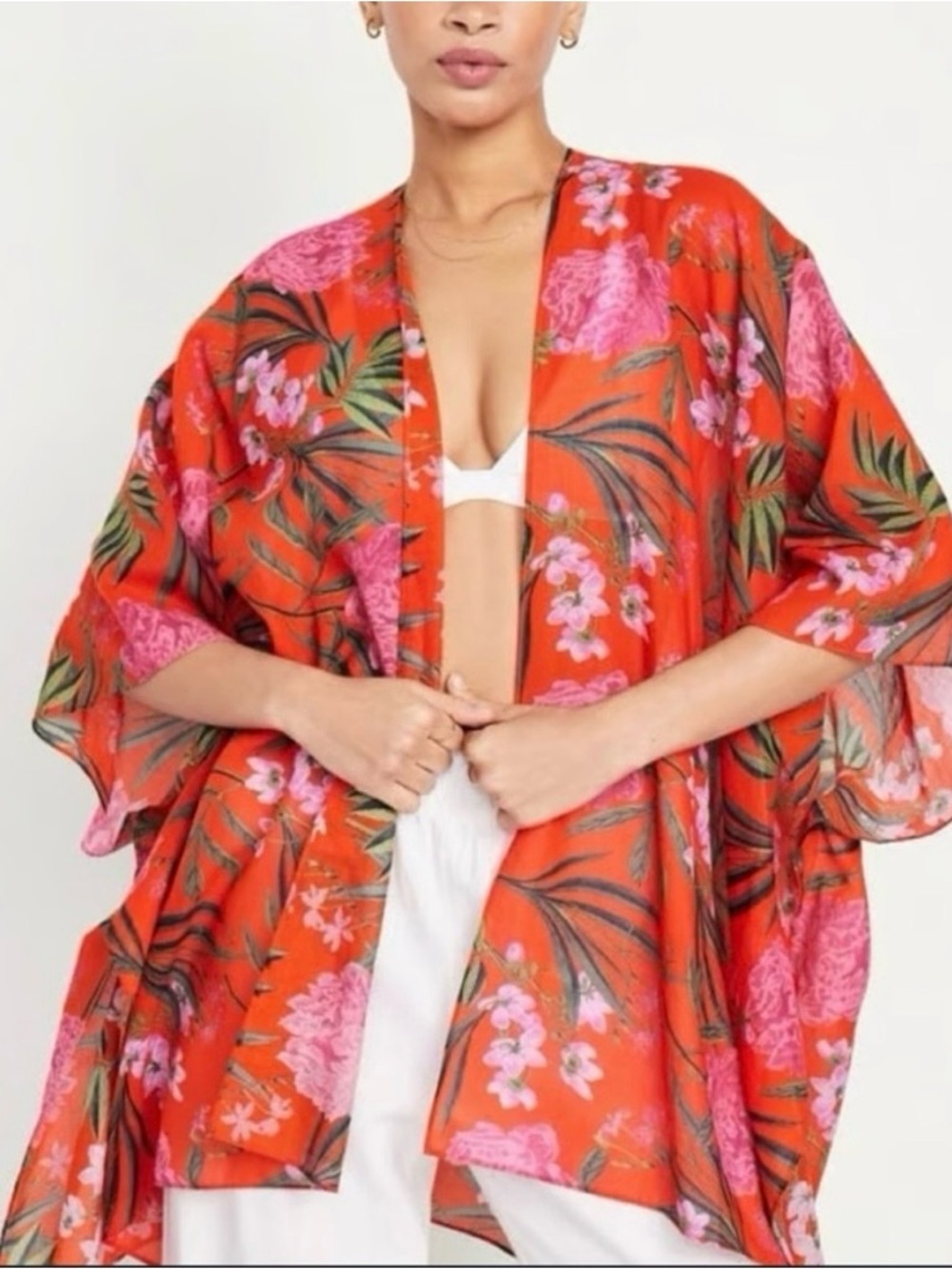 Old Navy Floral Kimono Cover Up Red Pink Tropical XS-L NWT ‼️flawed